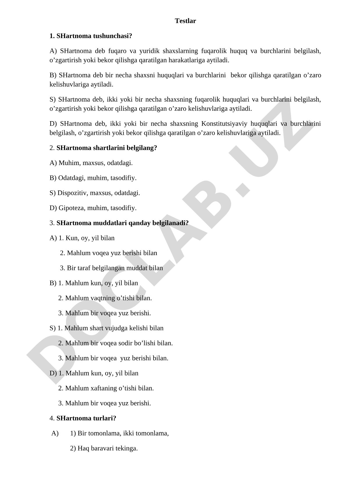 SHartnoma tushunchasi, shartlari va muddatlari