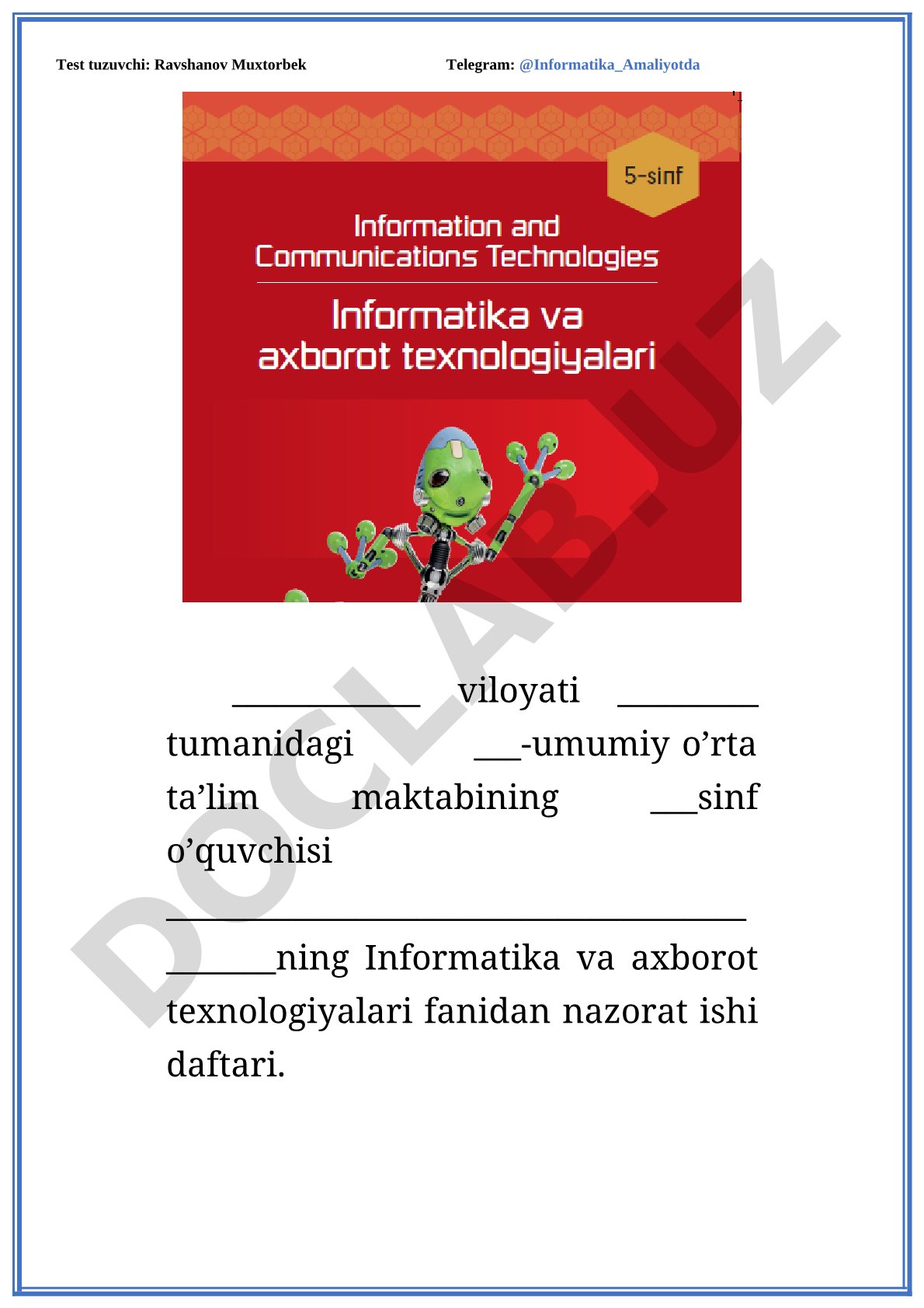 Informatika va axborot texnologiyalari fanidan nazorat ishi daftari
