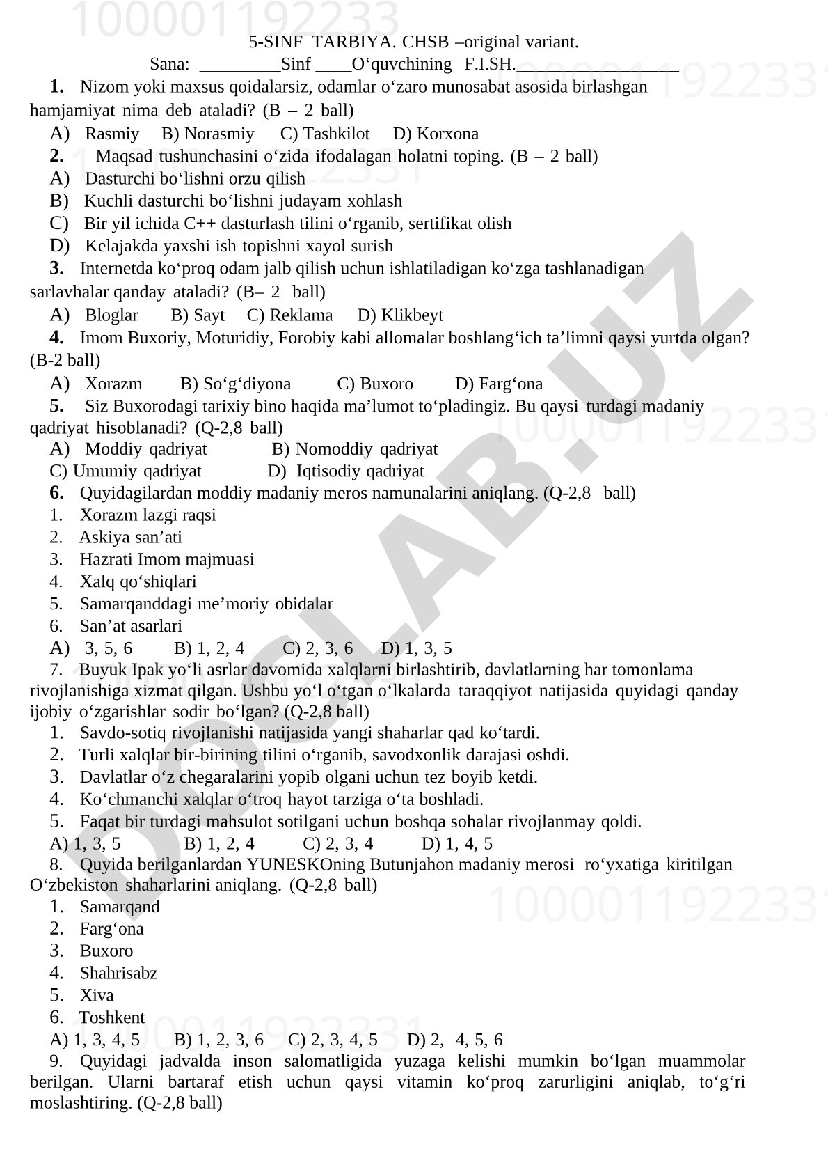 5-sinf Tarbiya fanidan CHSB test