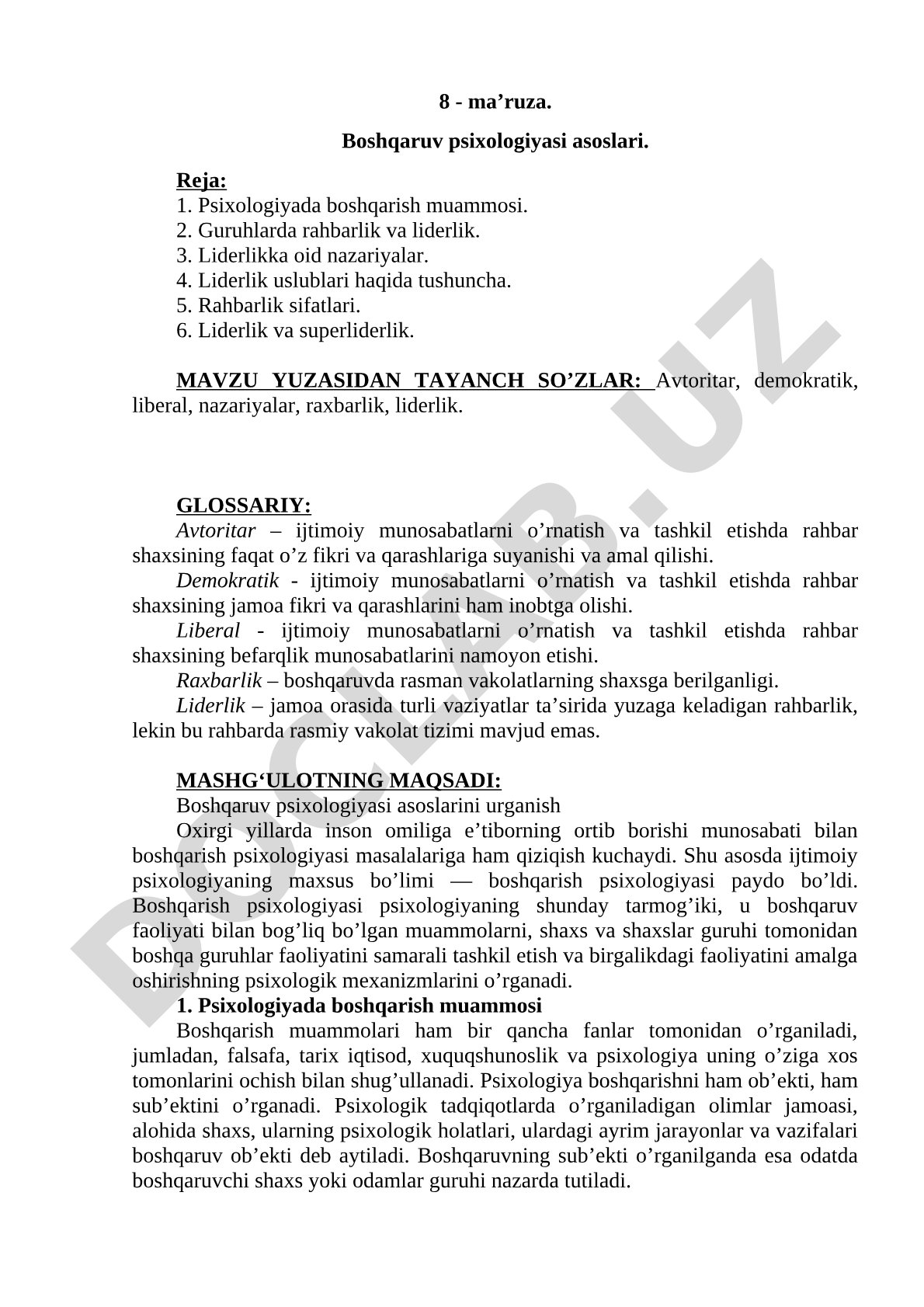 Boshqaruv psixologiyasi, rahbarlik, liderlik nazariyalar va uslublar haqida ma'ruza matni
