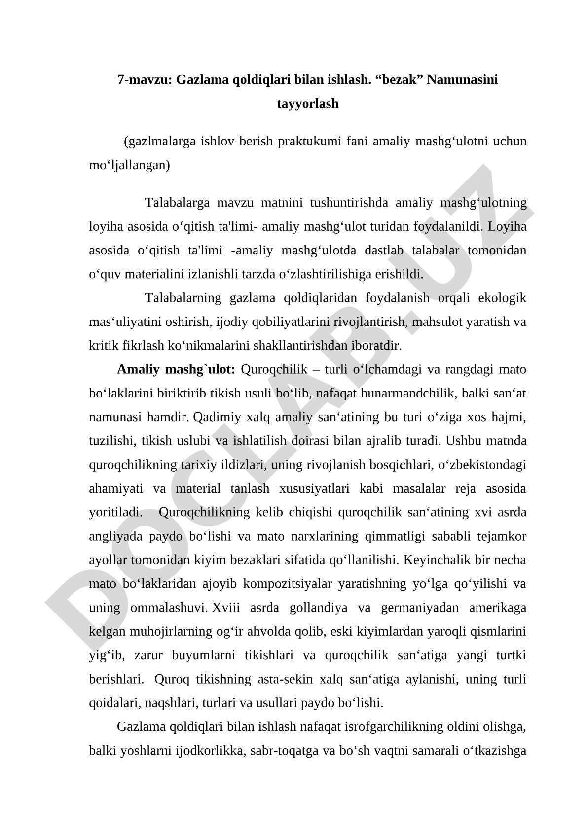 Gazlama qoldiqlari bilan ishlash. “bezak” Namunasini tayyorlash