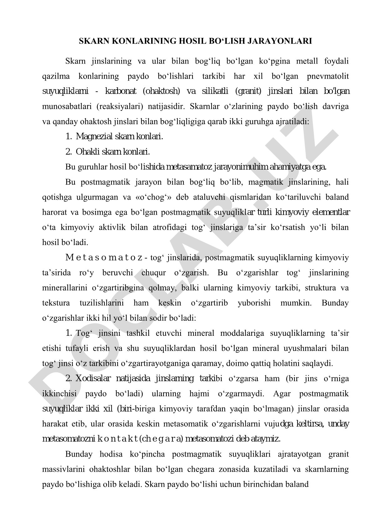 Skarn konlarining hosil bo'lish jarayonlari