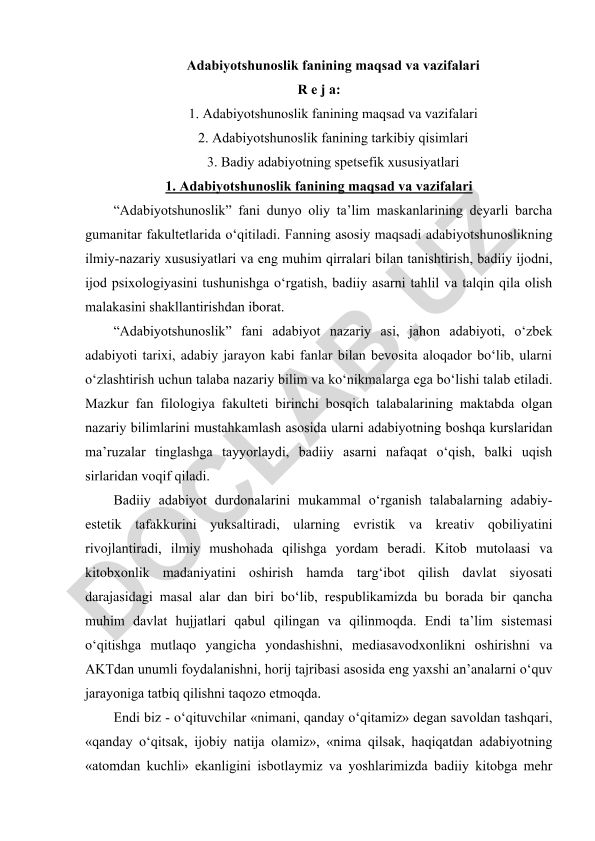 Adabiyotshunoslik fanining maqsad va vazifalari