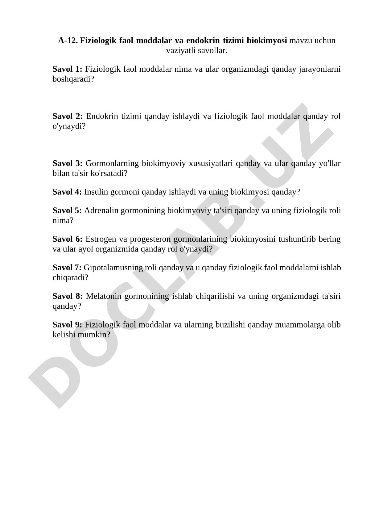 Fiziologik faol moddalar va endokrin tizimi biokimyosi