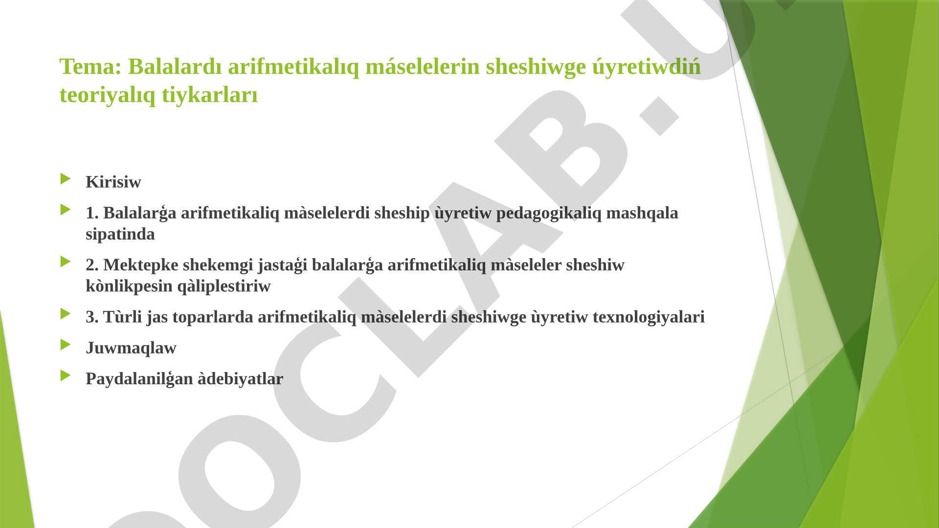 Balalardı arifmetikalıq máselelerin sheshiwge úyretiwdiń teoriyalıq tiykarları