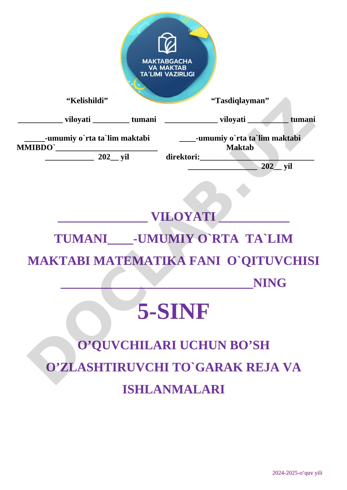 5-sinf bo'sh o'zlashtiruvchilar uchun matematika to'garagi ish rejasi