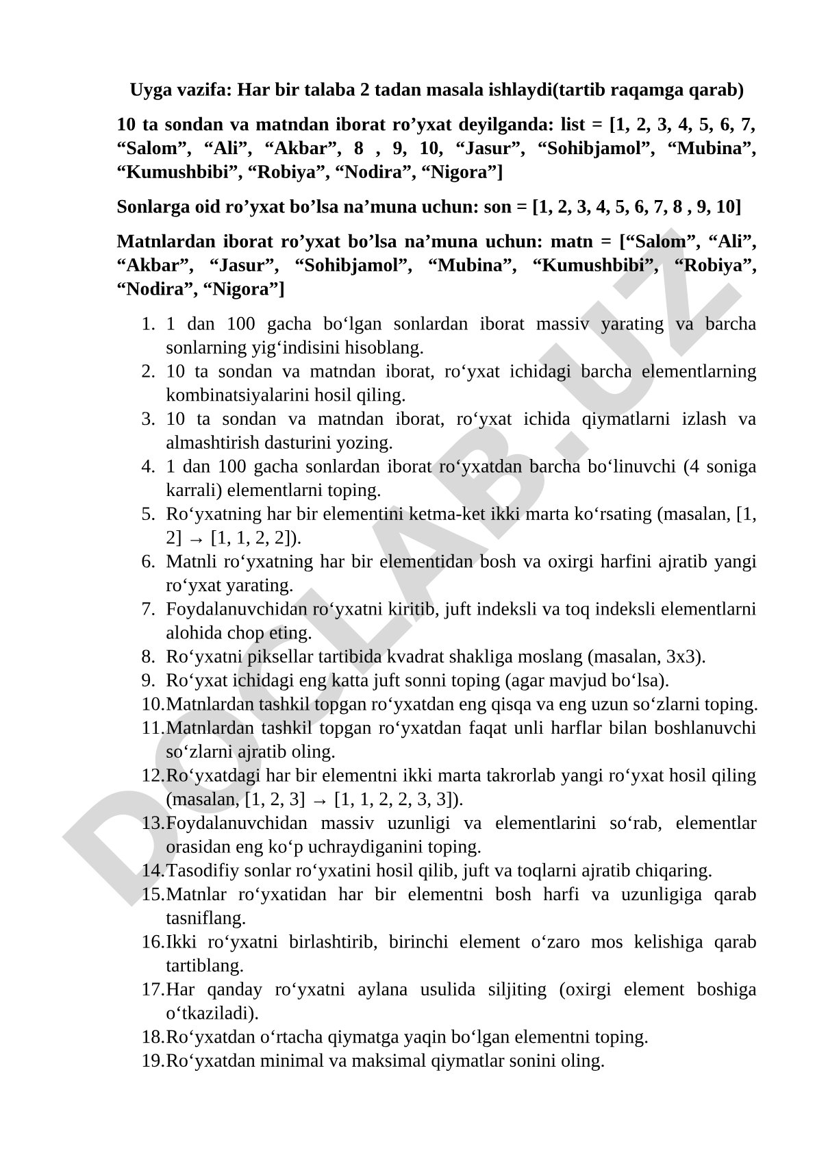 Sonli va matnli ro'yxatlar bilan ishlash masalalari
