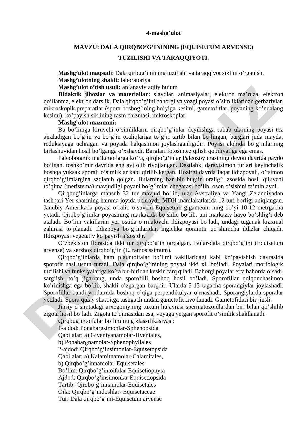 DALA QIRQBO’G’ININING (EQUISETUM ARVENSE) TUZILISHI VA TARAQQIYOTI