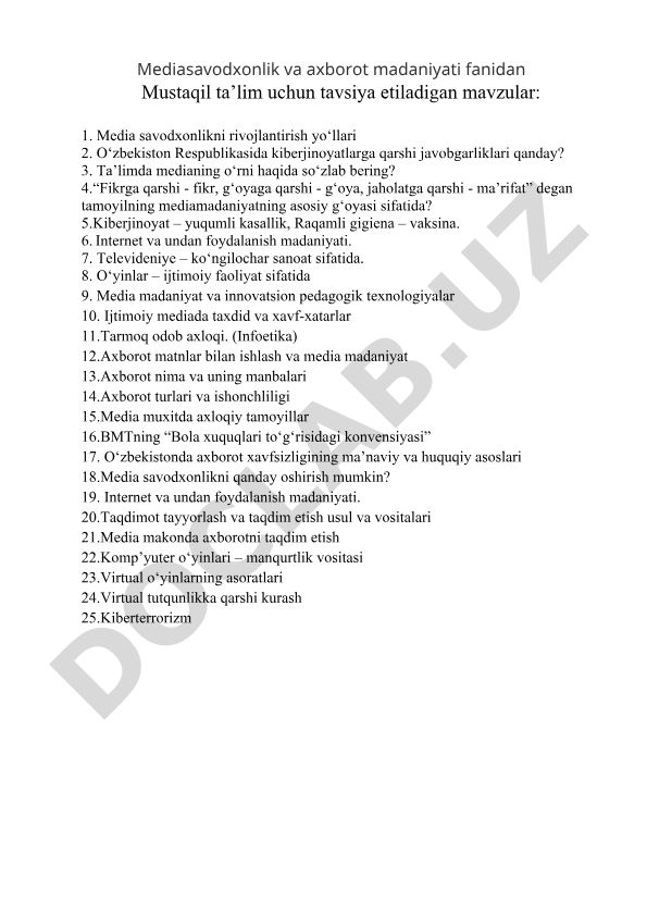 Mediasavodxonlik va axborot madaniyati fanidan mustaqil ta'lim mavzulari
