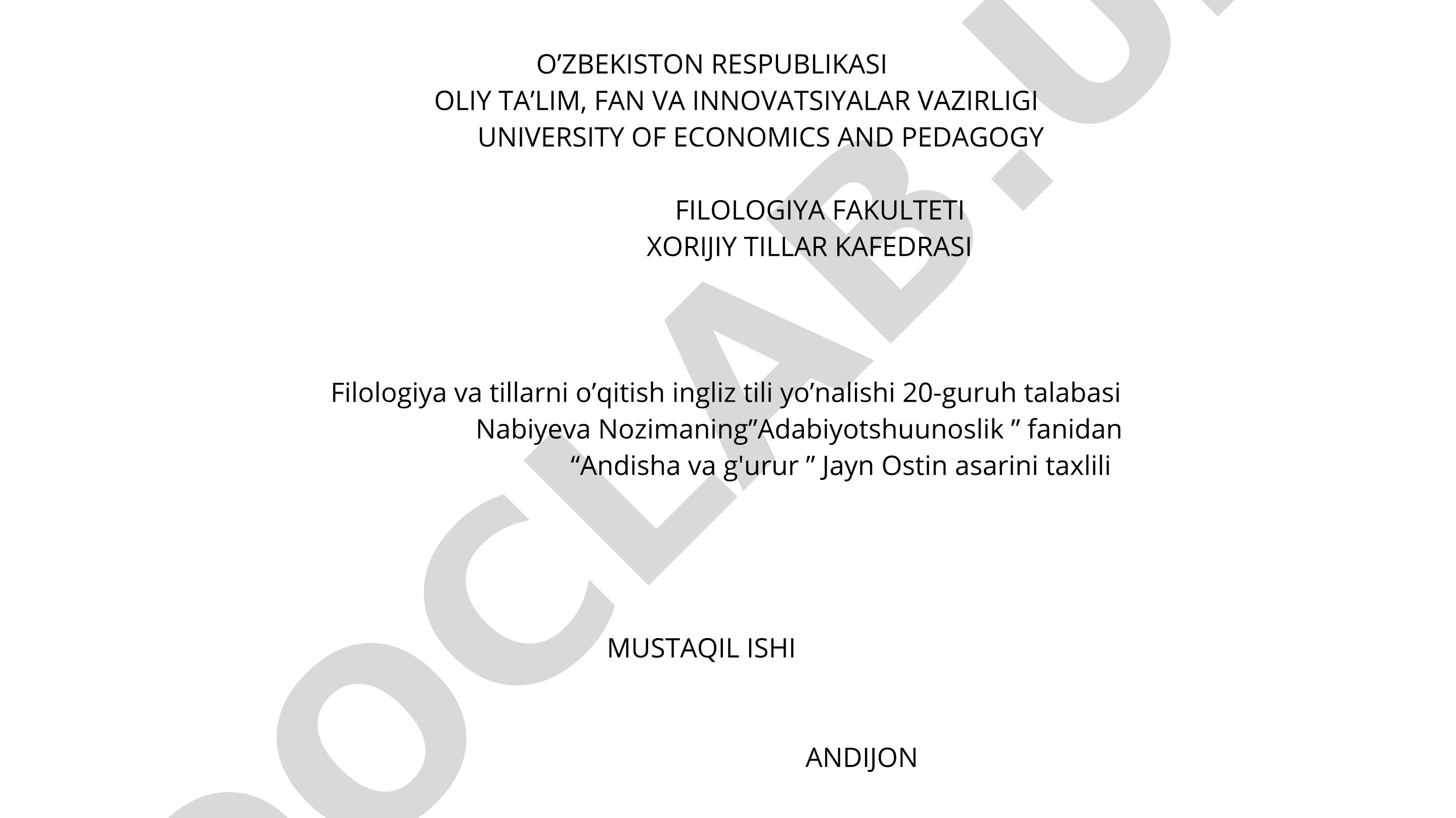 Andisha va g'urur asari tahlili