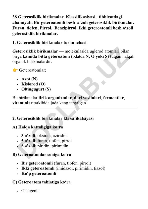 Geterosiklik birikmalar: klassifikasiyasi, tibbiyotdagi ahamiyati va turlari
