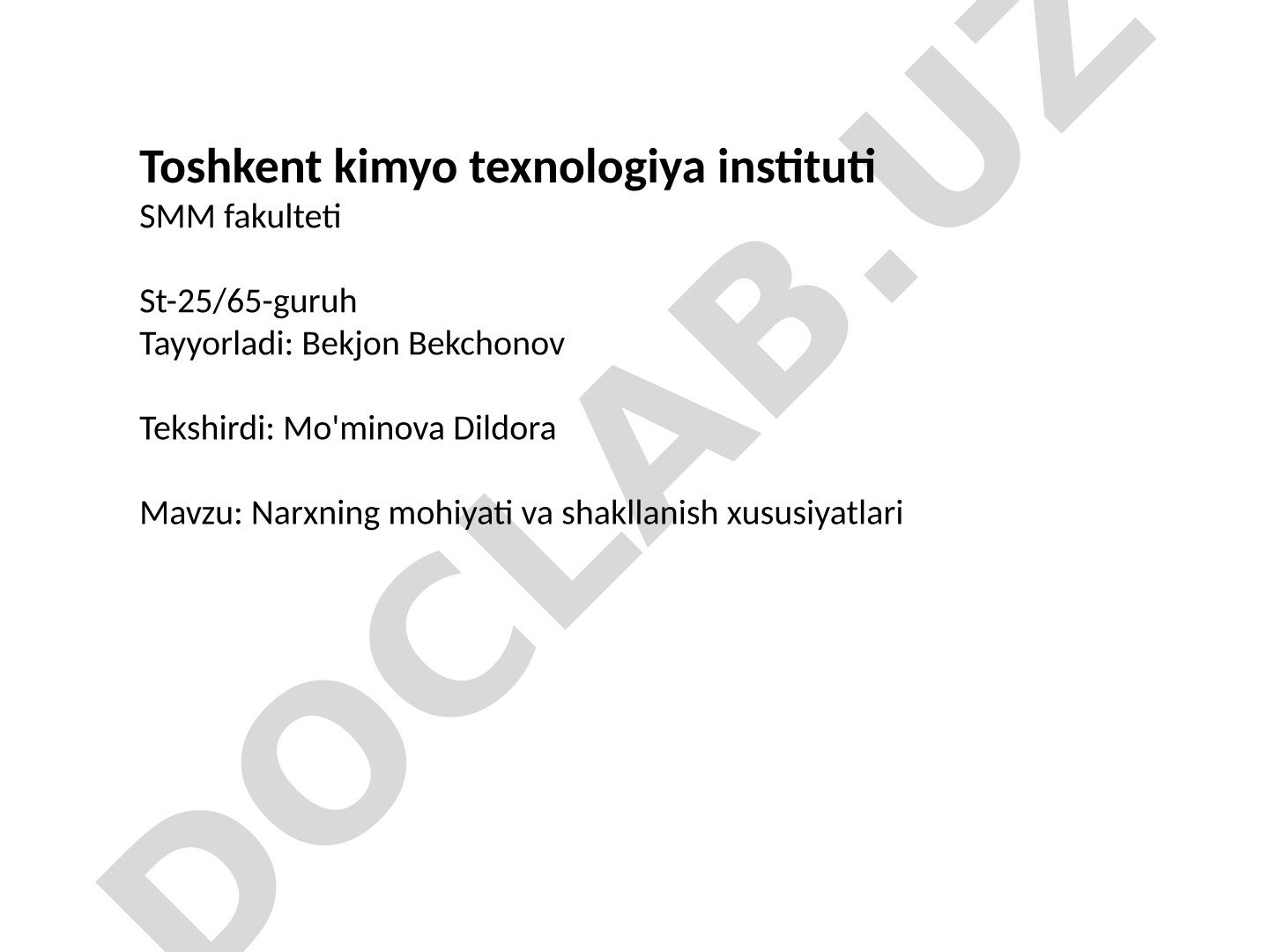 Narxning mohiyati va shakllanish xususiyatlari