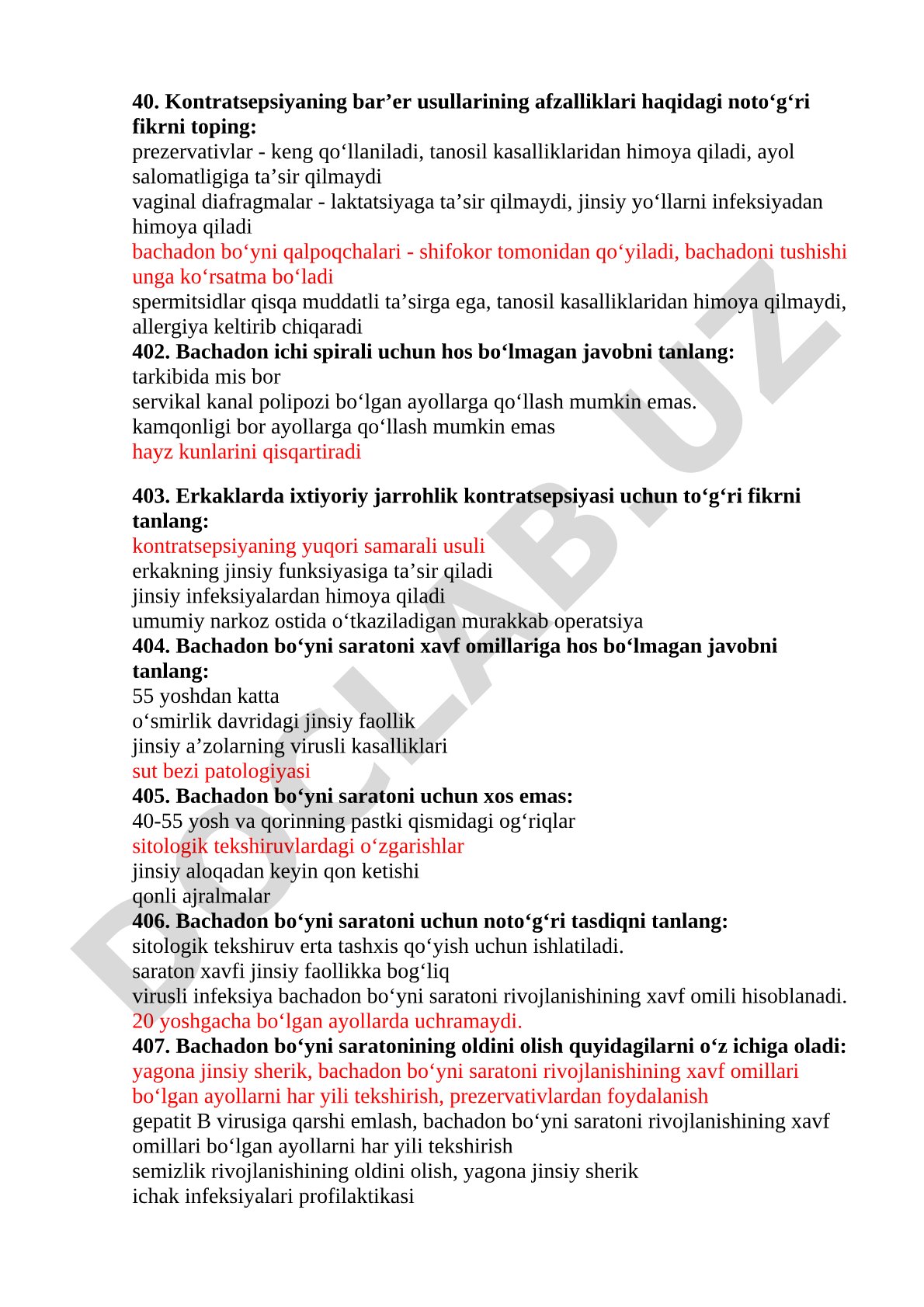 Kontratsepsiya va bachadon bo'yni saratoni test savollari