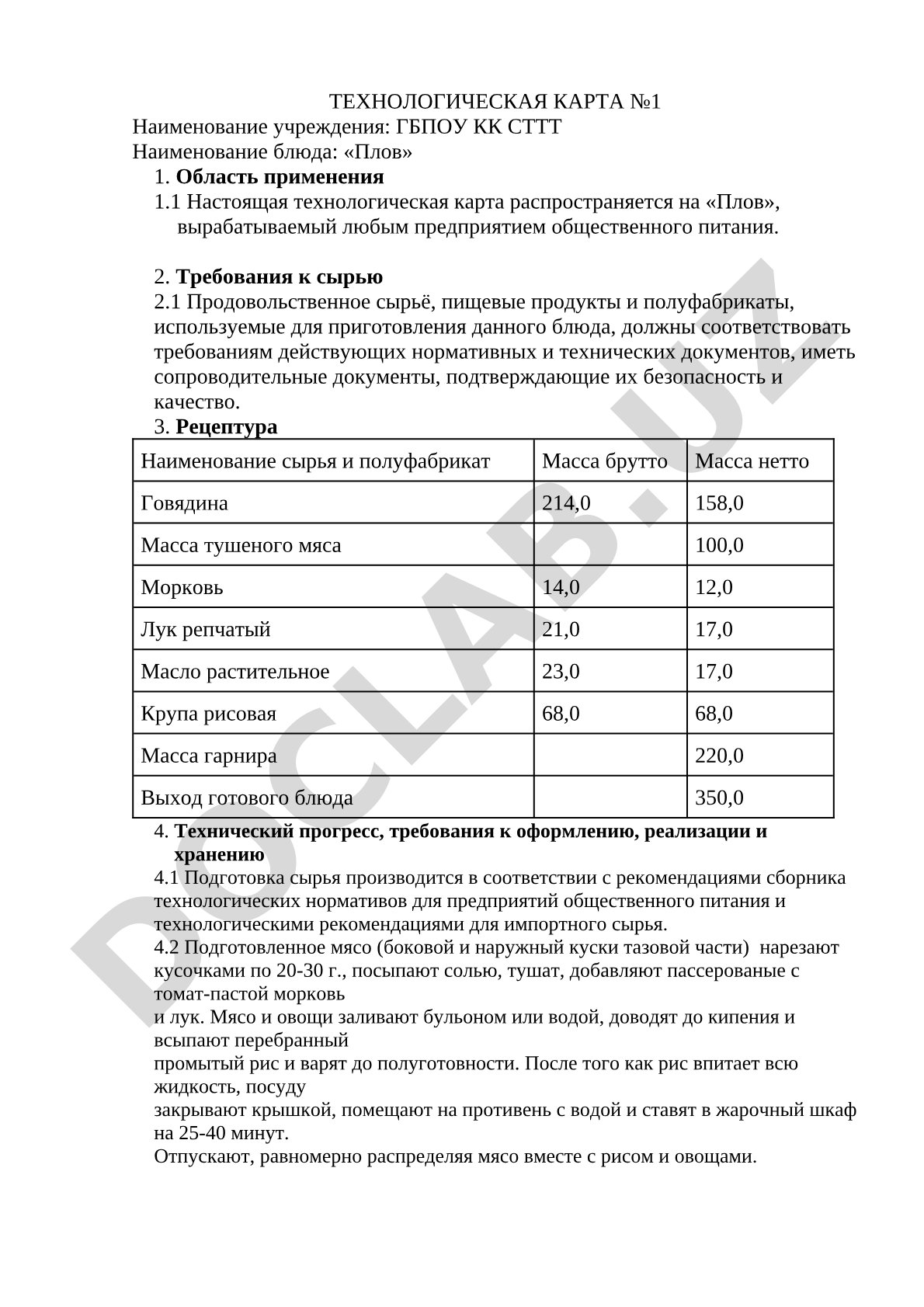 Технологическая карта блюда «Плов»