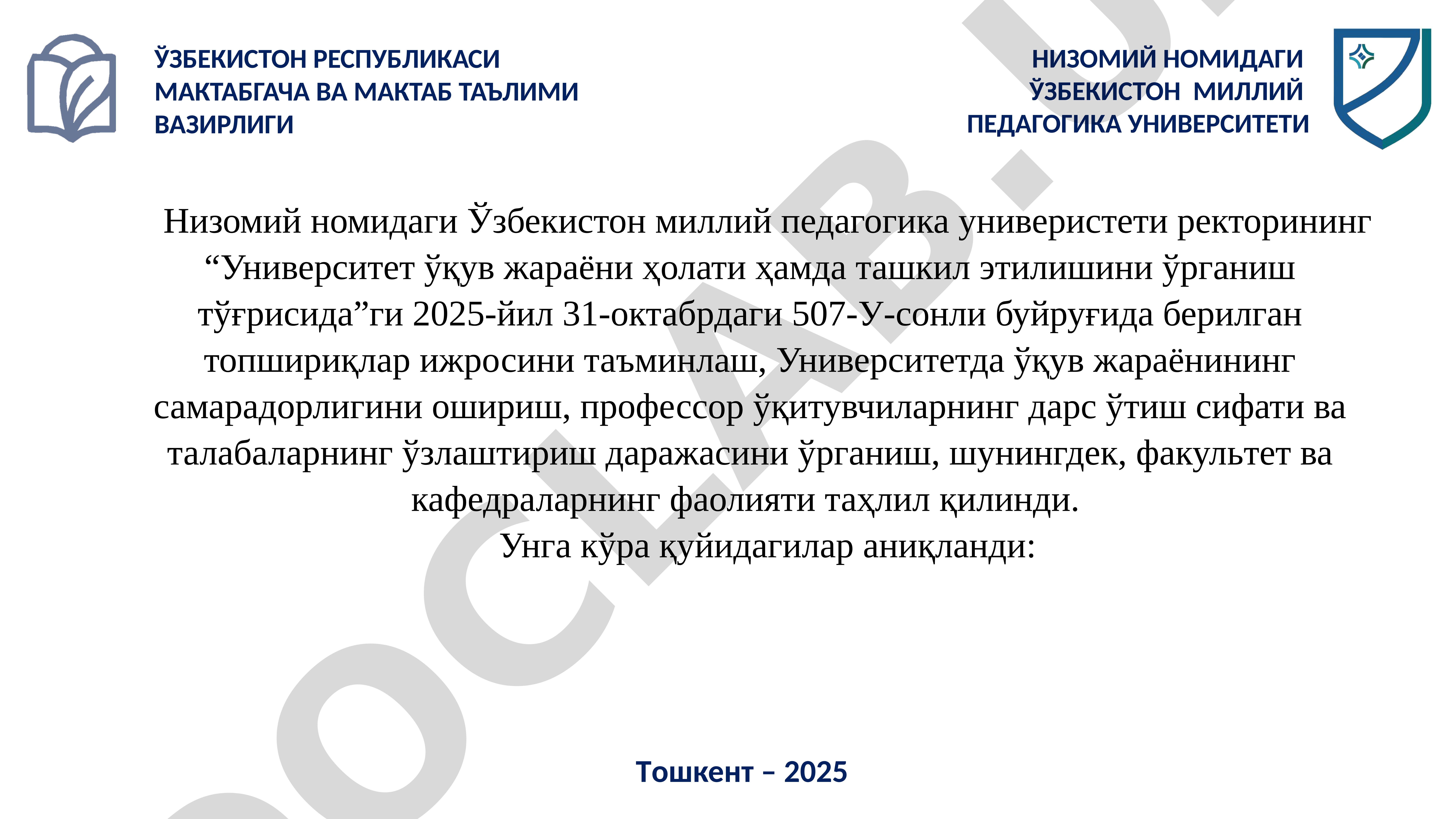 Университет ўқув жарёни ва кафедра фаолияти таҳлили