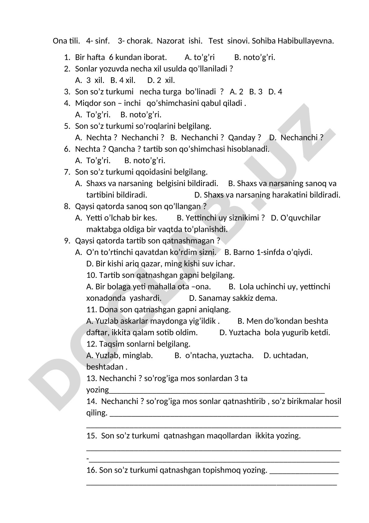 Ona tili 4-sinf 3-chorak nazorat ishi