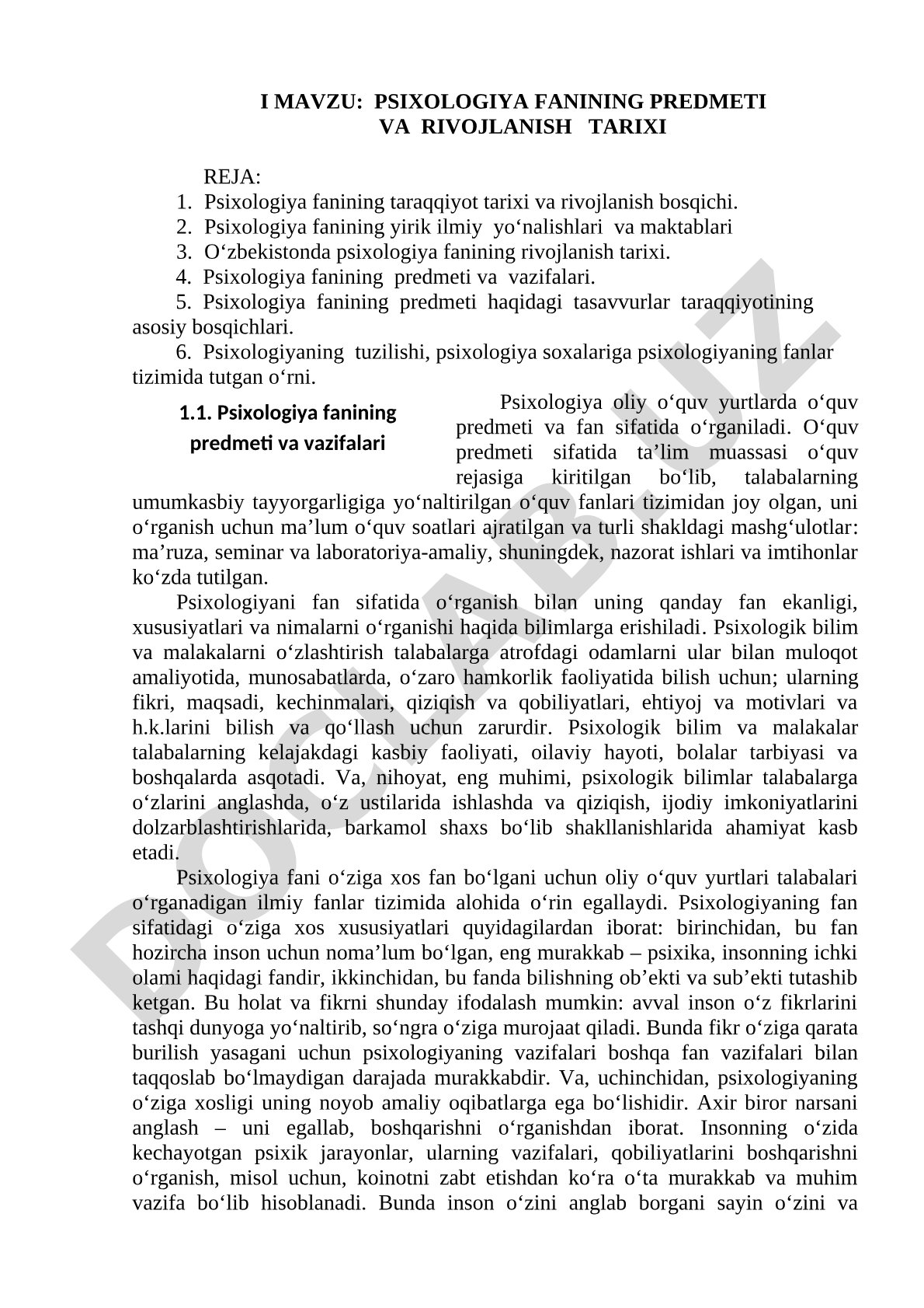 Psixologiya fanining predmeti va rivojlanish tarixi