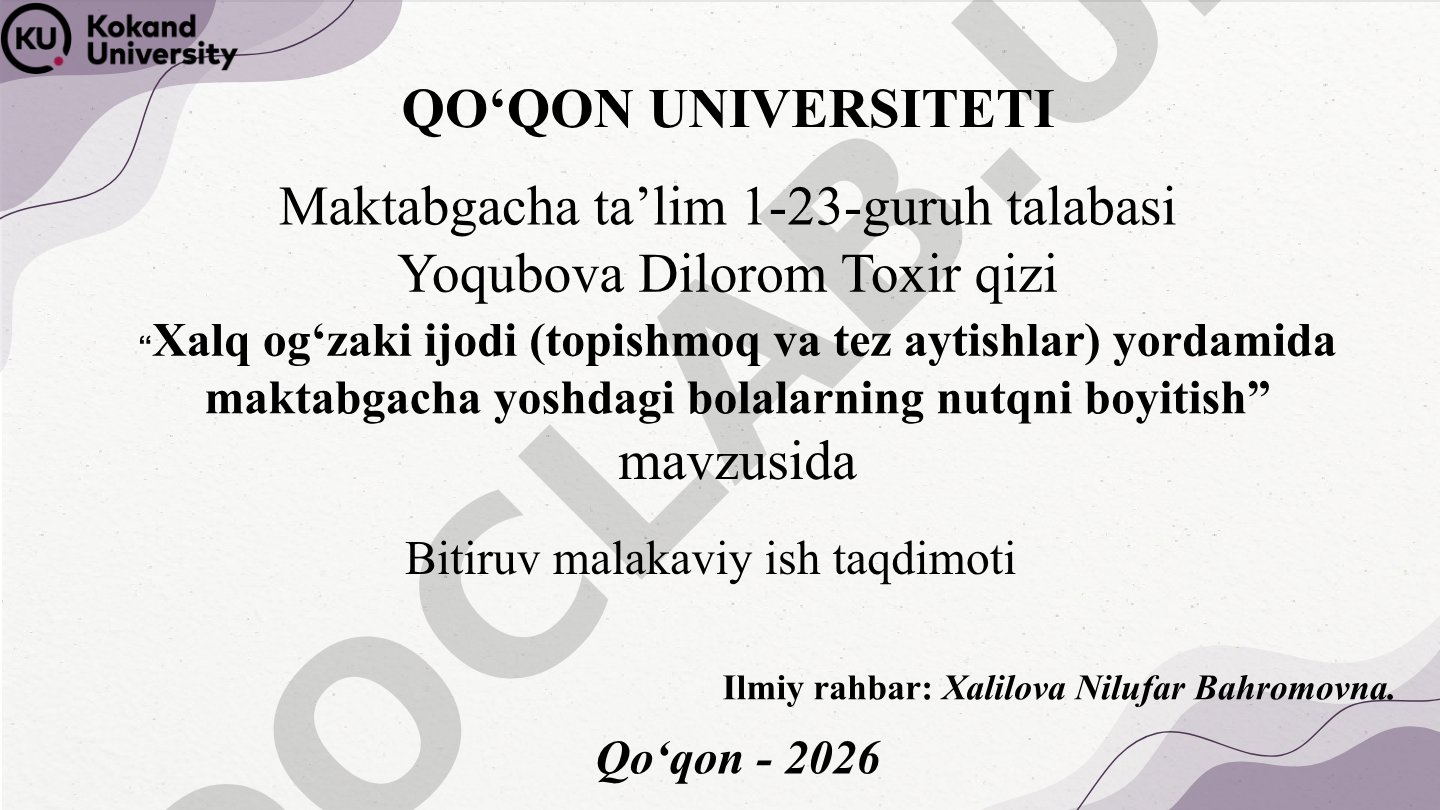 Xalq og‘zaki ijodi (topishmoq va tez aytishlar) yordamida maktabgacha yoshdagi bolalarning nutqni boyitish