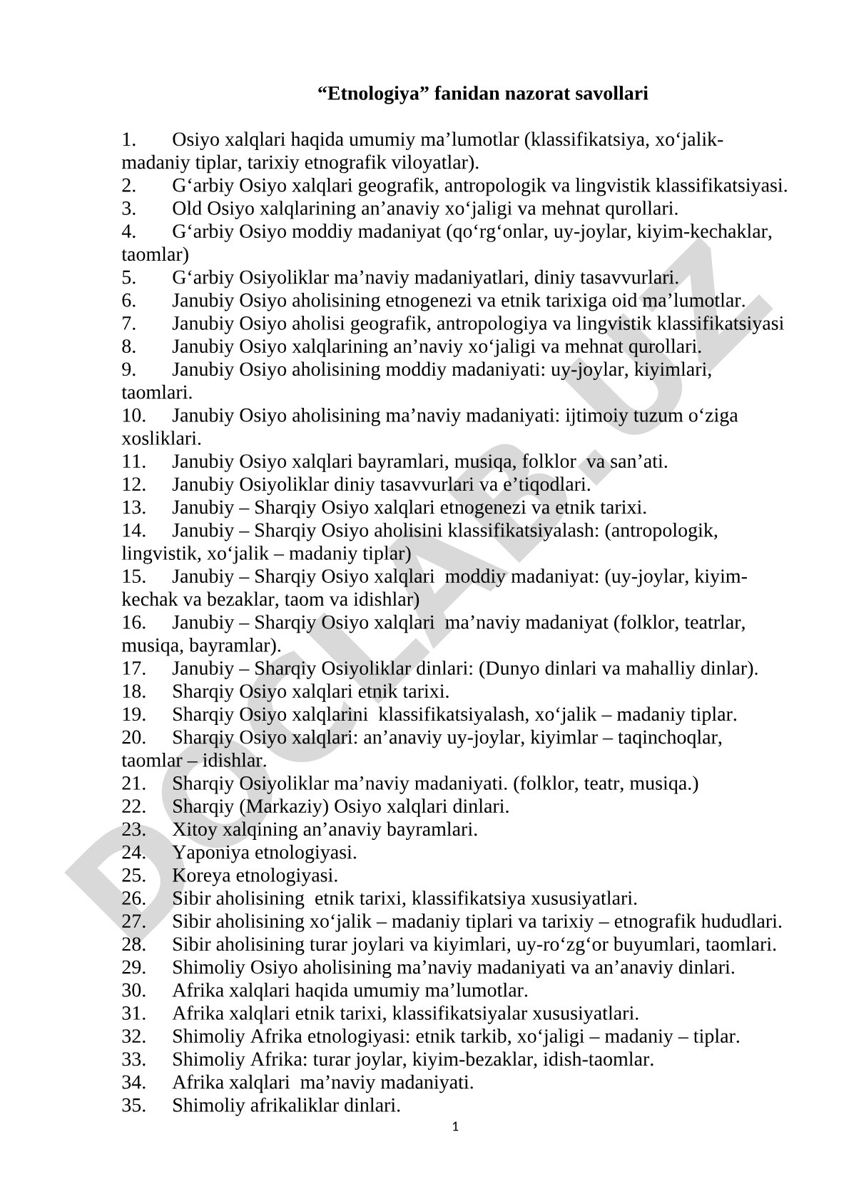 Osiyo xalqlari etnologiyasi nazorat savollari