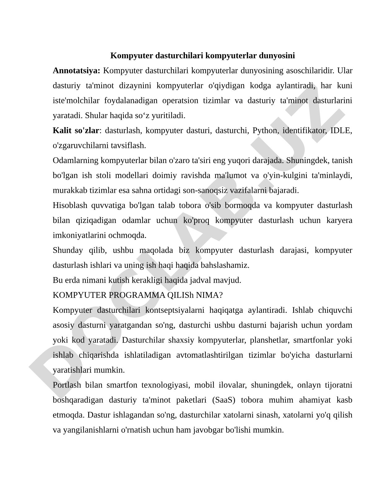 Kompyuter dasturlash va dasturchi kasbi