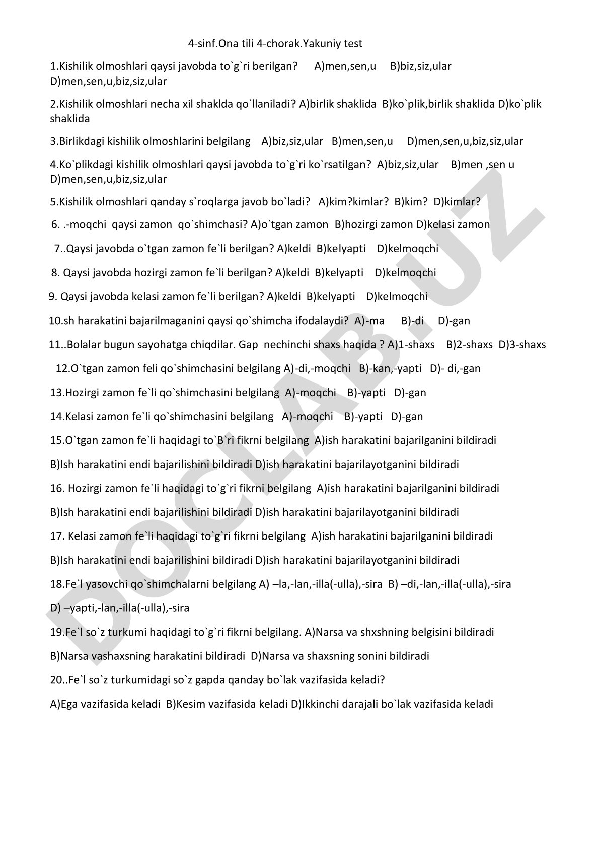 4-sinf Ona tili 4-chorak Yakuniy test 1