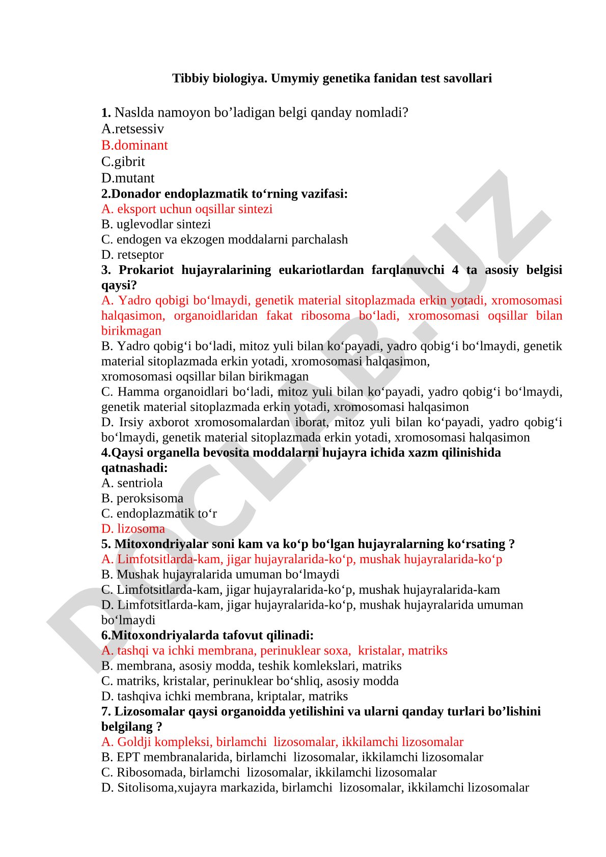 Tibbiy biologiya. Umymiy genetika fanidan test savollari
