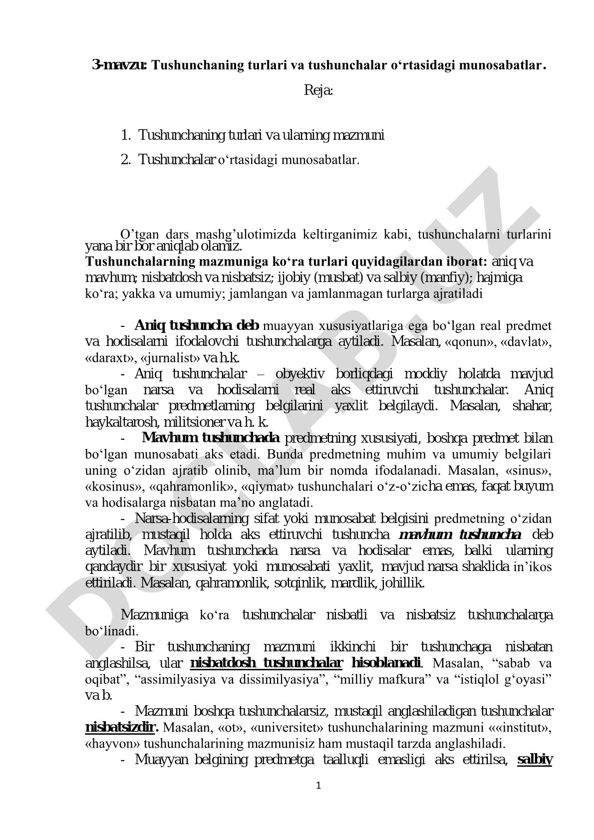 Tushunchaning turlari va tushunchalar o‘rtasidagi munosabatlar