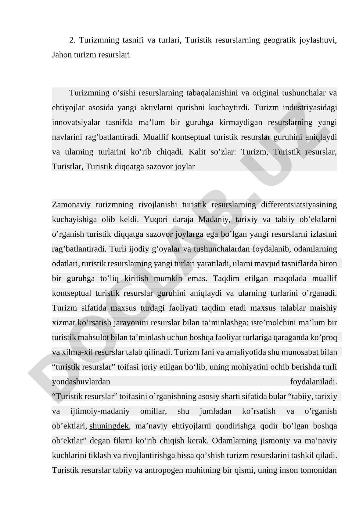 Turizmning tasnifi va turlari, Turistik resurslarning geografik joylashuvi, Jahon turizm resurslari