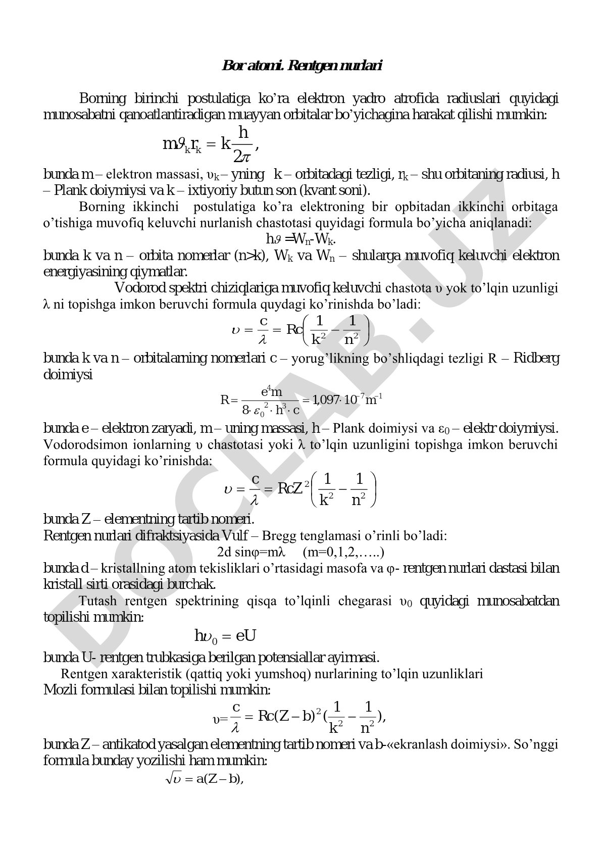 Bor atomi. Rentgen nurlari