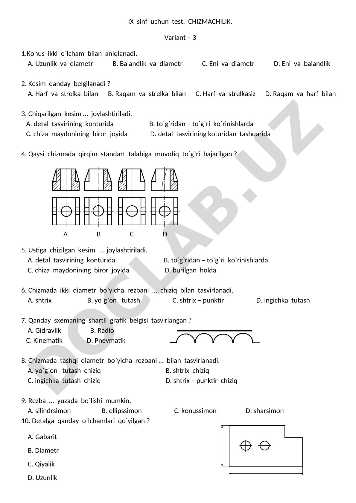 IX sinf uchun test. Chizmachilik. Variant – 3