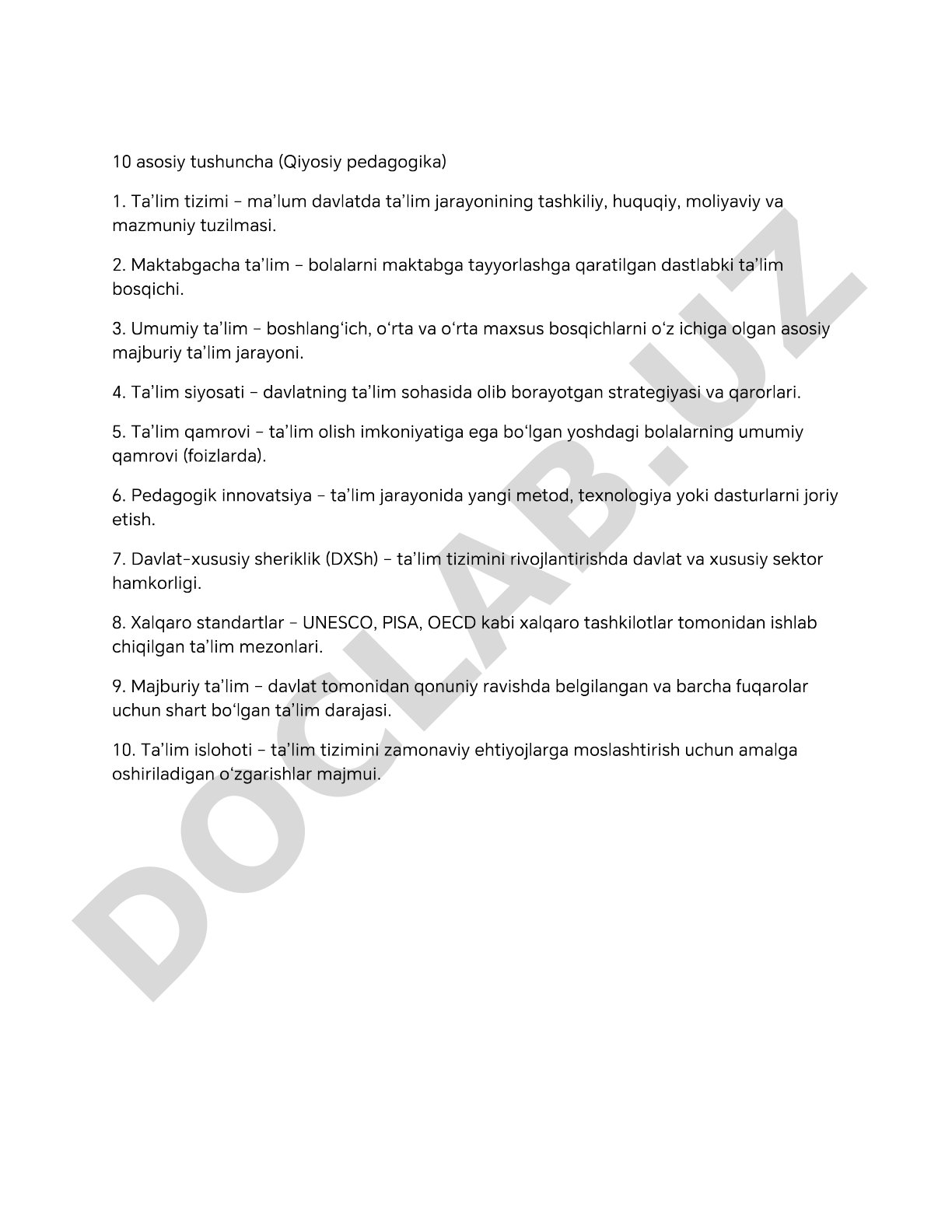Qiyosiy pedagogikaning 10 asosiy tushunchasi