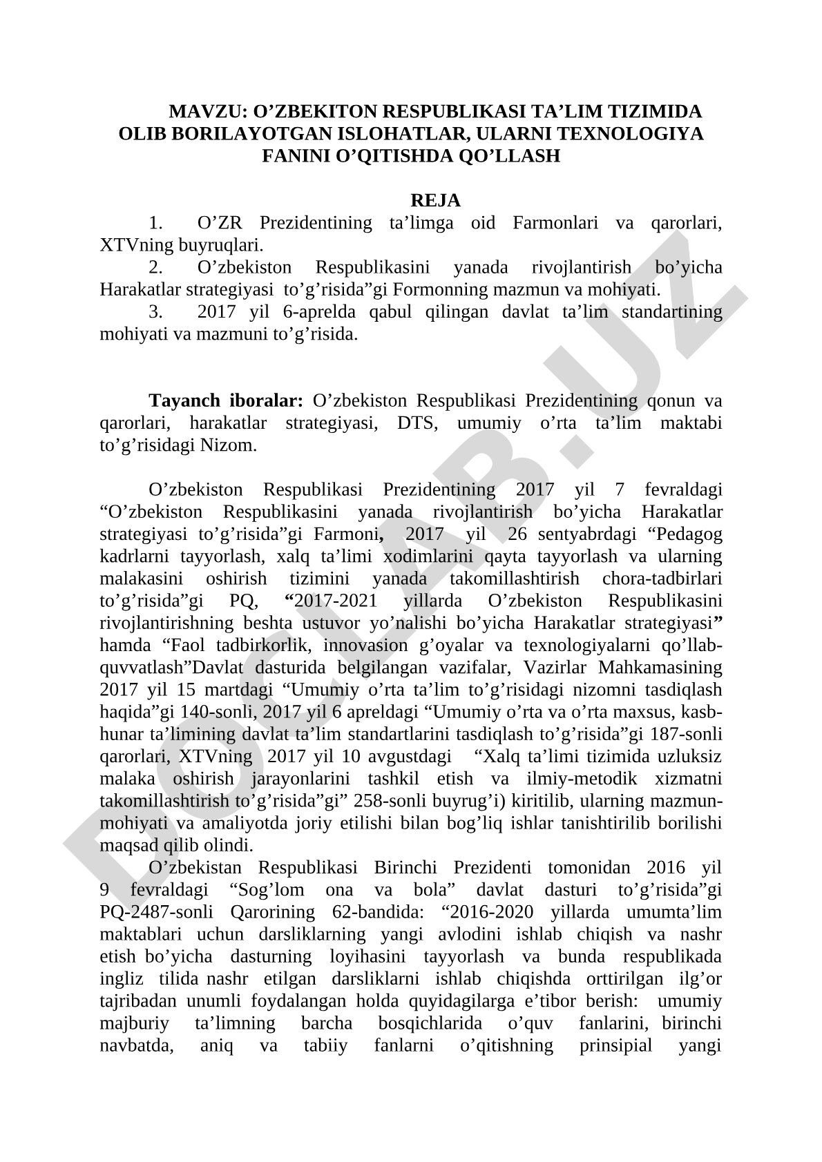 O’ZBEKITON RESPUBLIKASI TA’LIM TIZIMIDA OLIB BORILAYOTGAN ISLOHATLAR, ULARNI TEXNOLOGIYA FANINI O’QITISHDA QO’LLASH