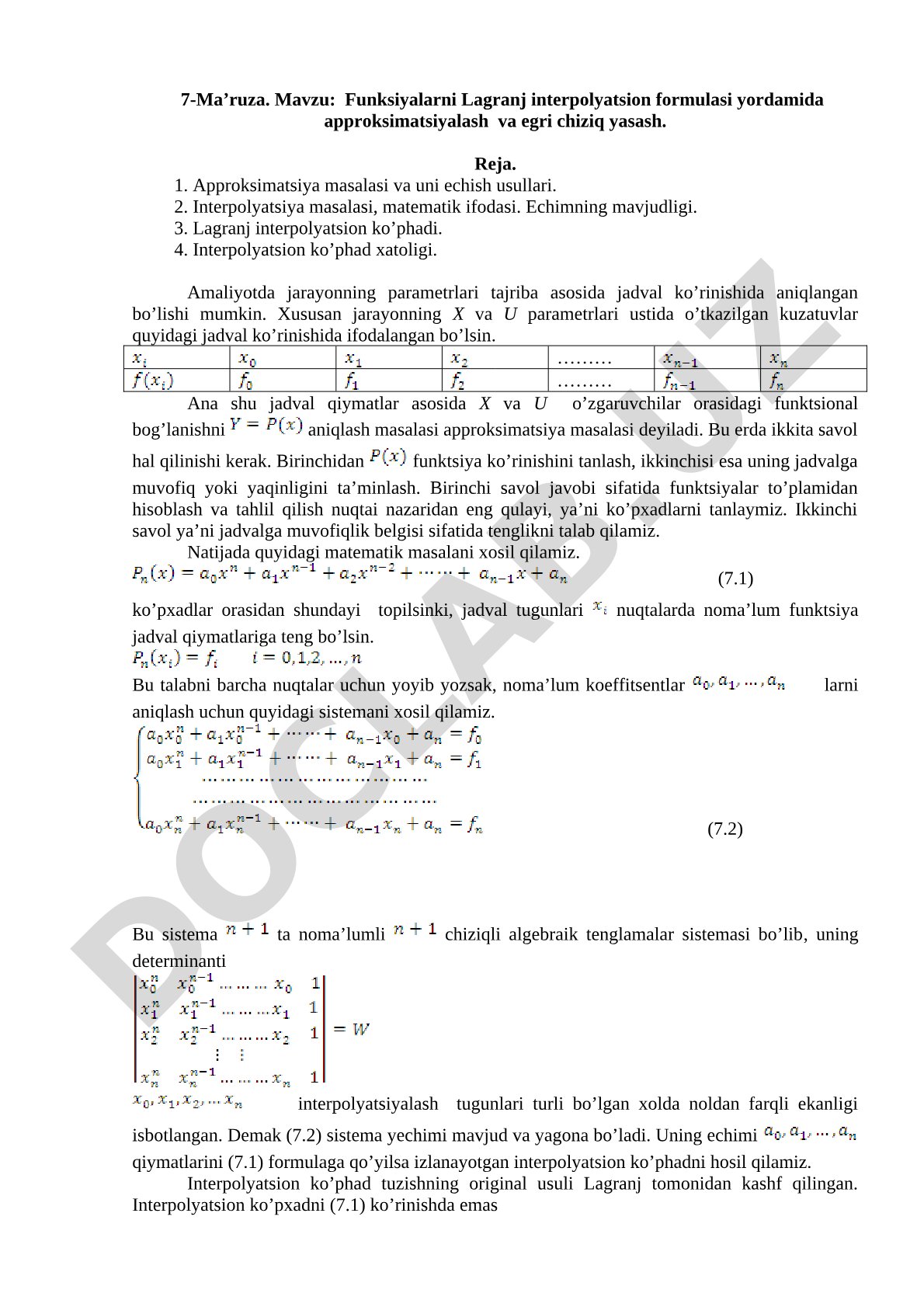 Funksiyalarni Lagranj interpolyatsion formulasi yordamida approksimatsiyalash va egri chiziq yasash