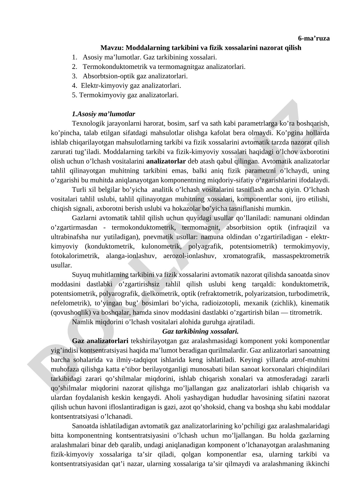 Moddalarning tarkibini va fizik xossalarini nazorat qilish