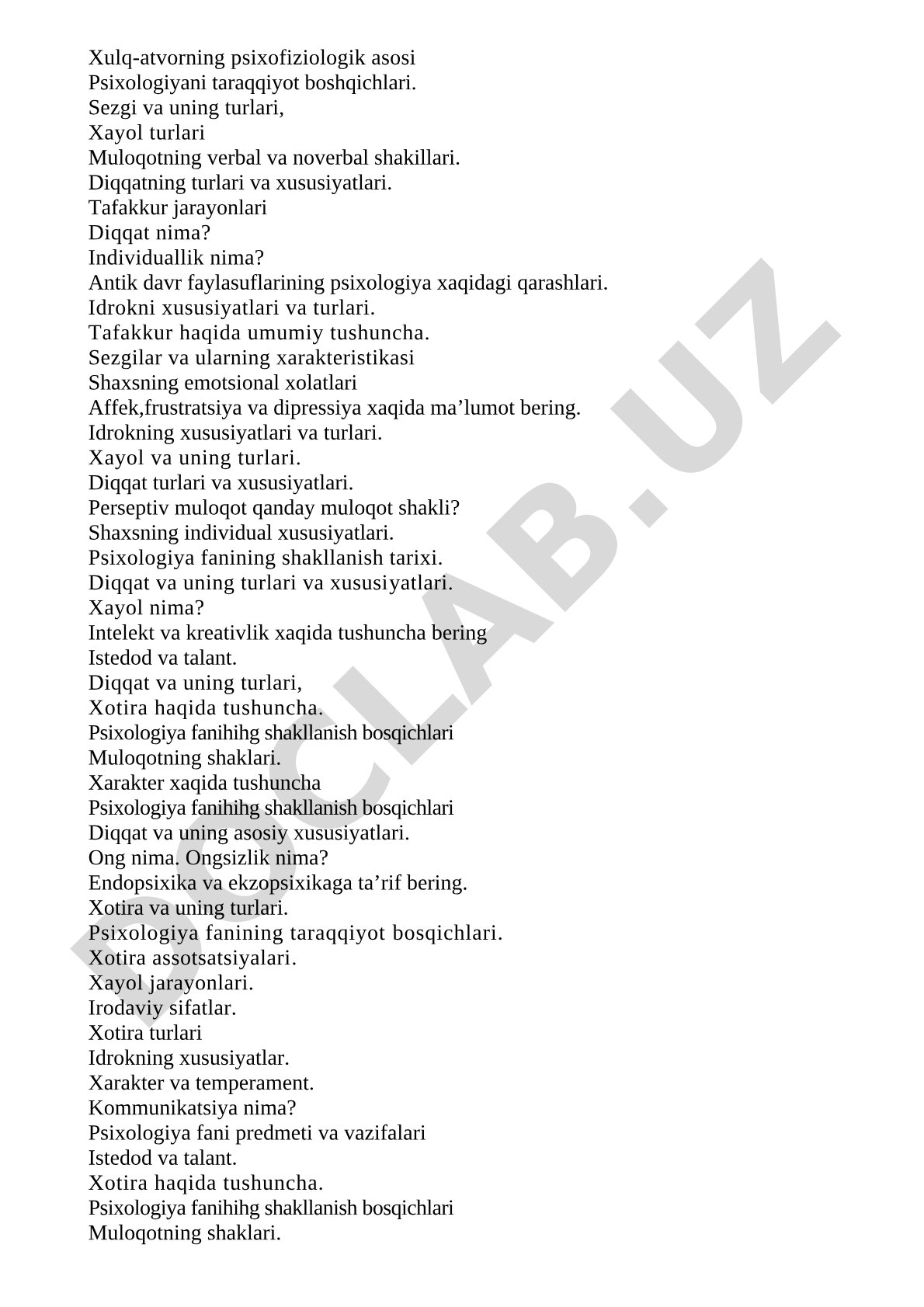 Psixologiya fanining asosiy tushunchalari va savollari