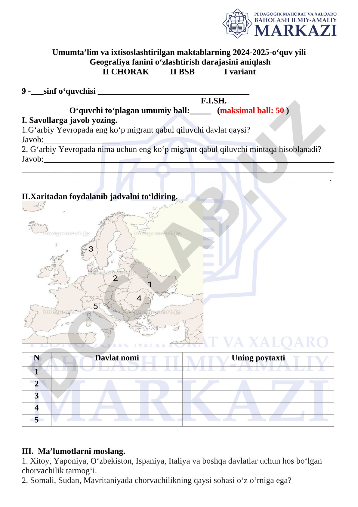 Geografiya fanini o‘zlashtirish darajasini aniqlash II chorak II BSB