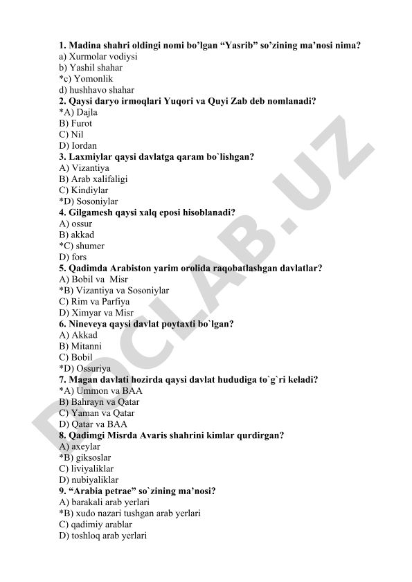 Qadimgi Sharq tarixi test savollari