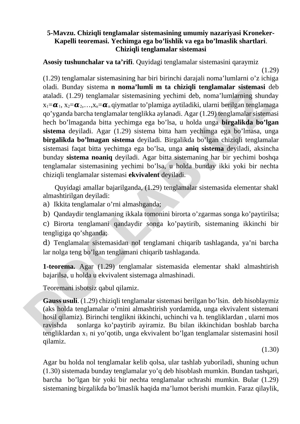 Chiziqli tenglamalar sistemasining umumiy nazariyasi va Kroneker-Kapelli teoremasi