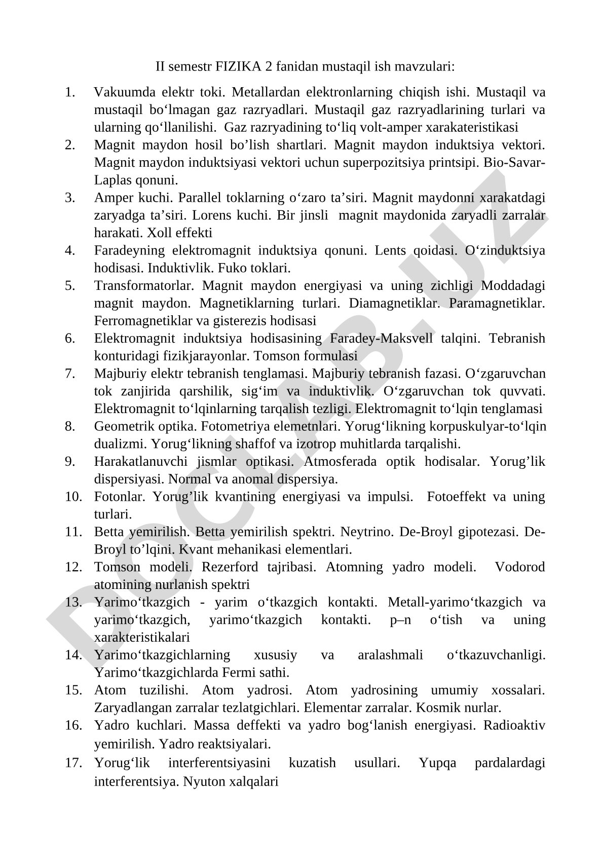 II semestr FIZIKA 2 fanidan mustaqil ish mavzulari