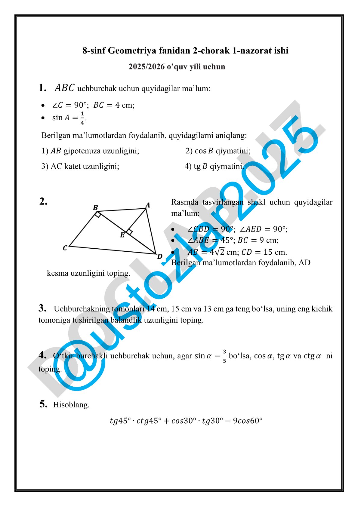 8-sinf Geometriya 2-chorak 1-nazorat ishi