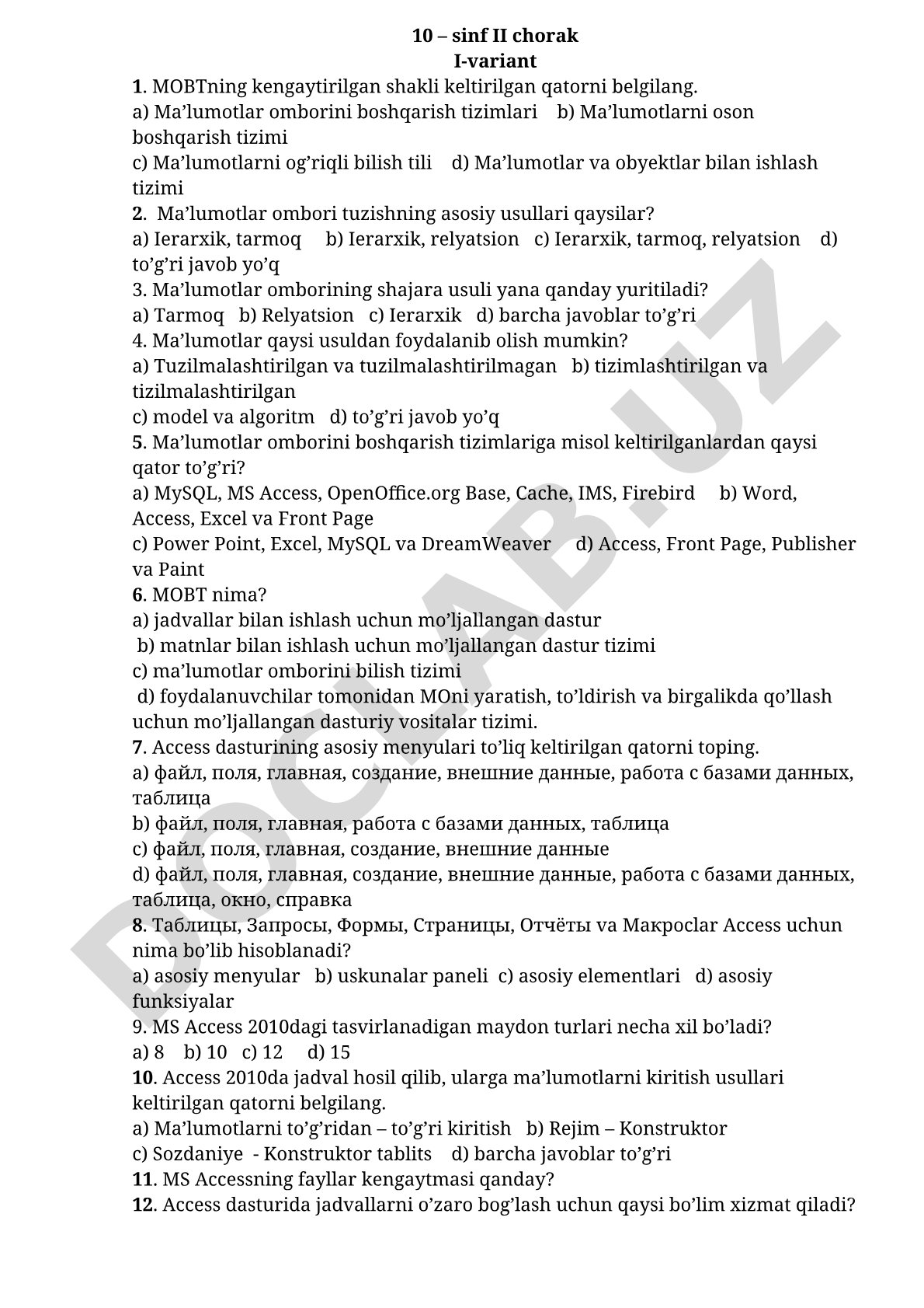 Ma'lumotlar ombori va MOBT