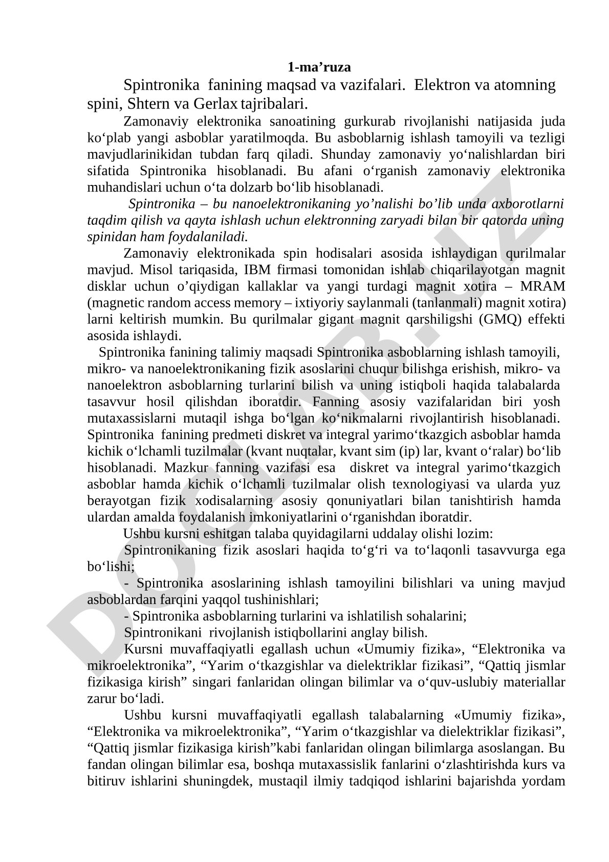 Spintronika fanining maqsad va vazifalari. Elektron va atomning spini, Shtern va Gerlax tajribalari