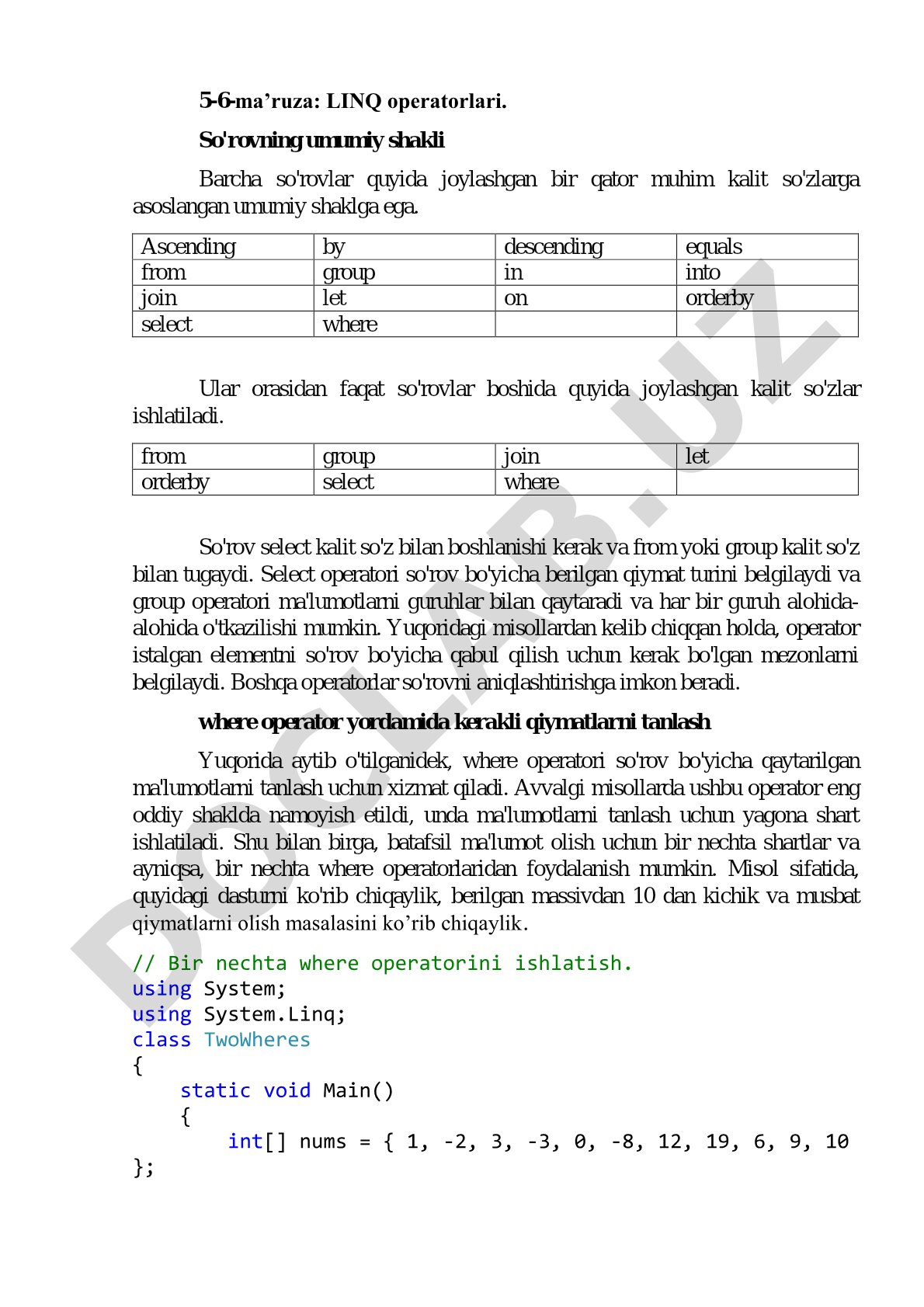 5-6-ma’ruza: LINQ operatorlari