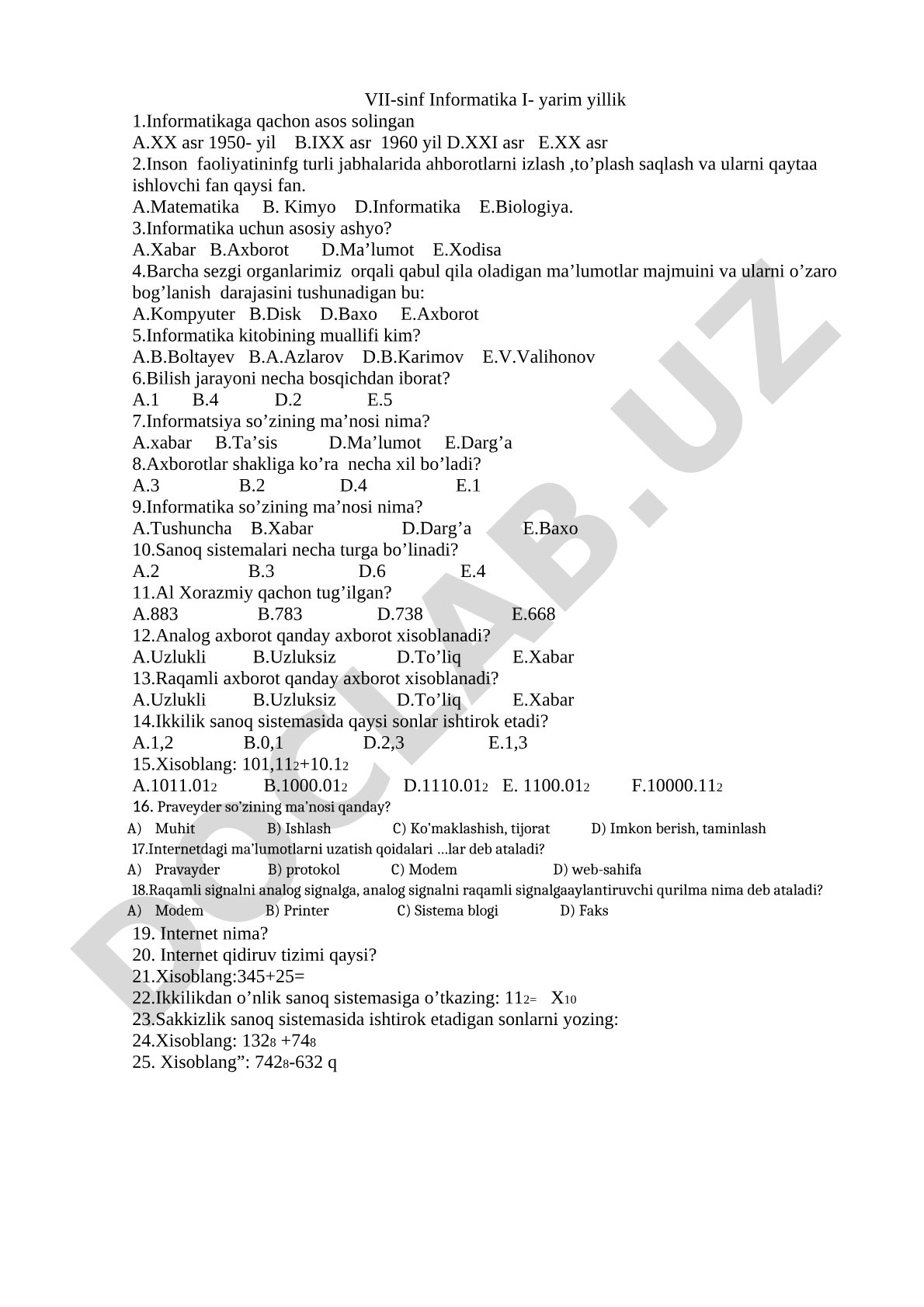 VII-sinf Informatika I-yarim yillik test savollari