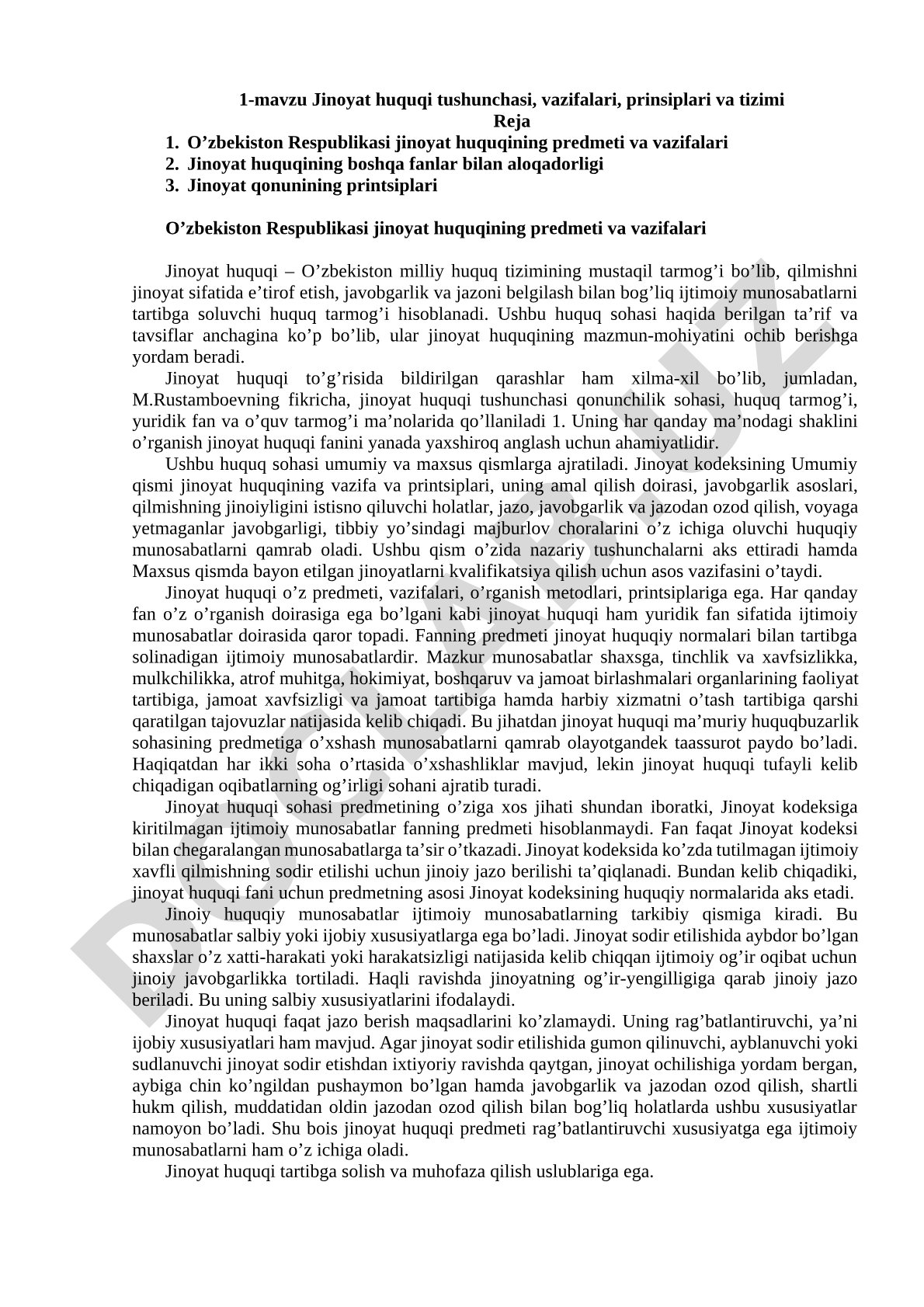 Jinoyat huquqi tushunchasi, vazifalari, prinsiplari va tizimi