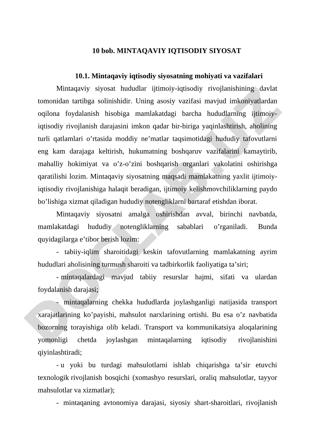 Mintaqaviy iqtisodiy siyosatning mohiyati va vazifalari