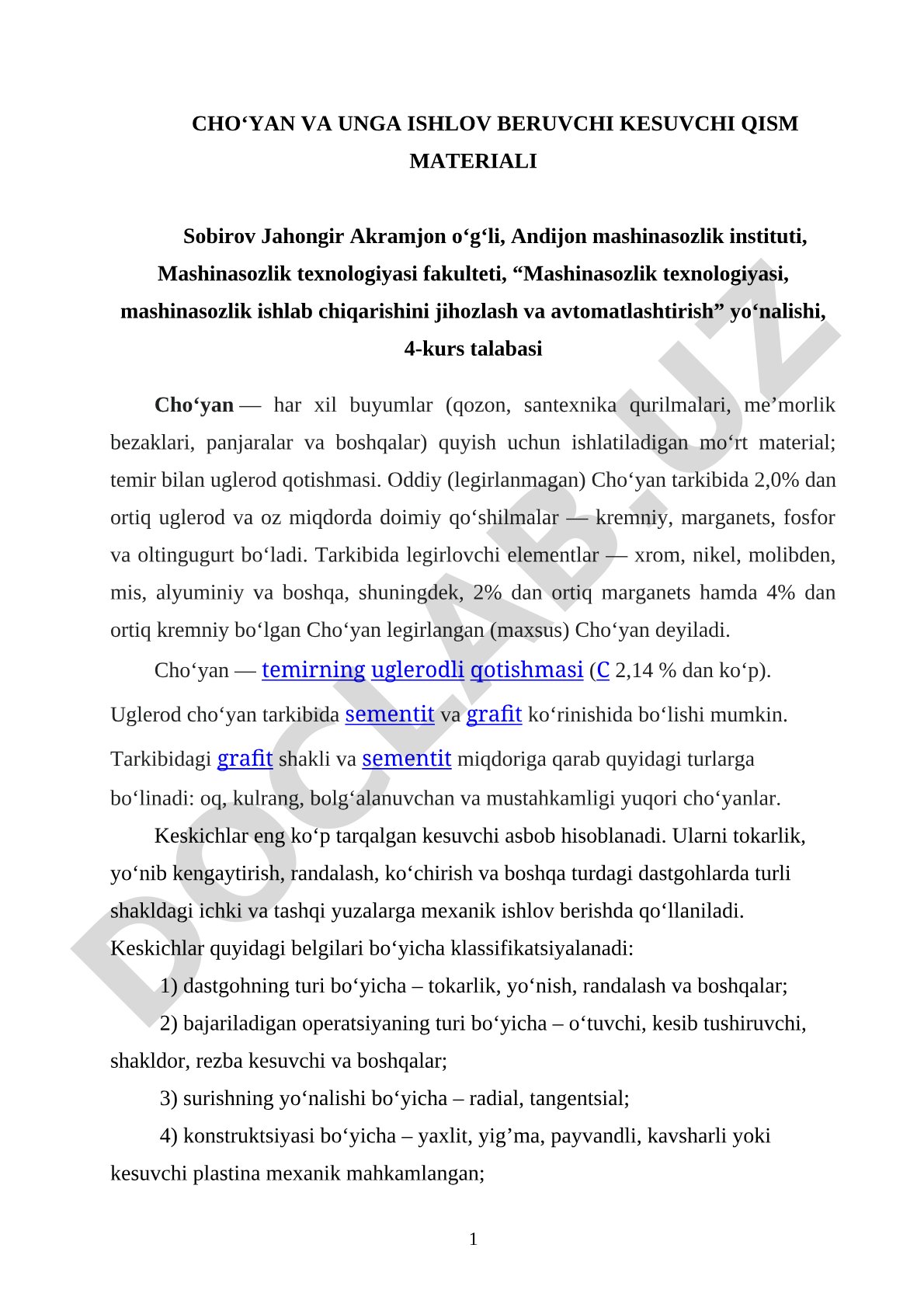 Cho'yan va unga ishlov beruvchi kesuvchi qism materiali