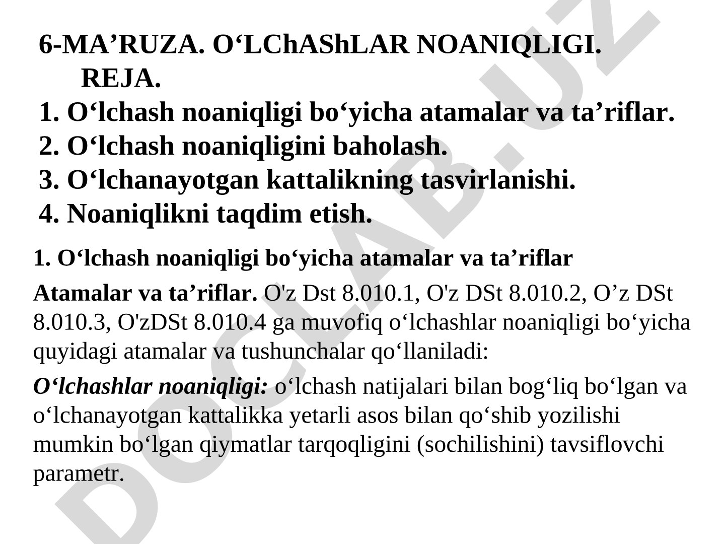 O‘lchash noaniqligi bo‘yicha atamalar, baholash, tasvirlash va taqdim etish