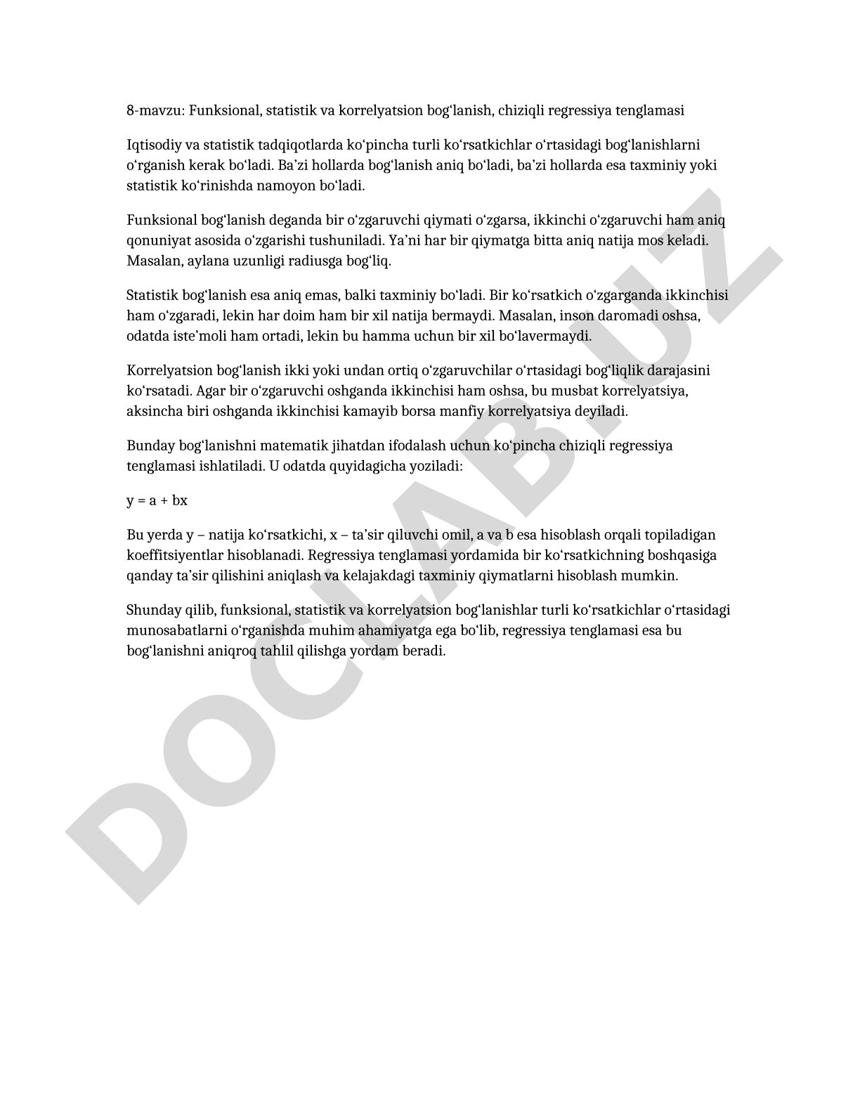 Funksional, statistik va korrelyatsion bog‘lanish, chiziqli regressiya tenglamasi