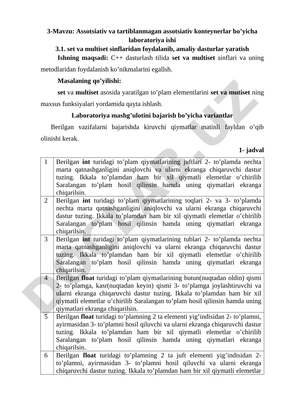 Assotsiativ va tartiblanmagan assotsiativ konteynerlar bo'yicha laboratoriya ishi 3.1. set va multiset sinflaridan foydalanib, amaliy dasturlar yaratish